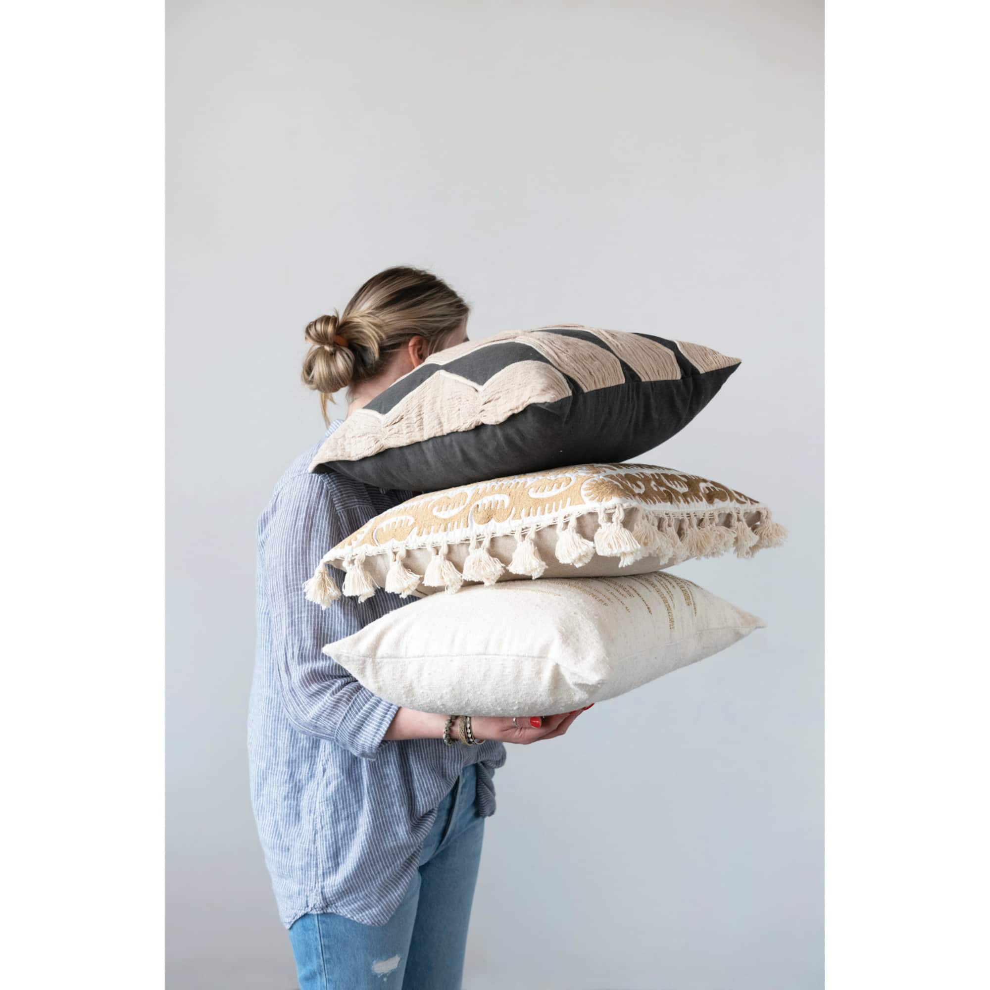 Hello Honey® Charcoal & Tan Applique & Diamond Pattern Cotton Pillow